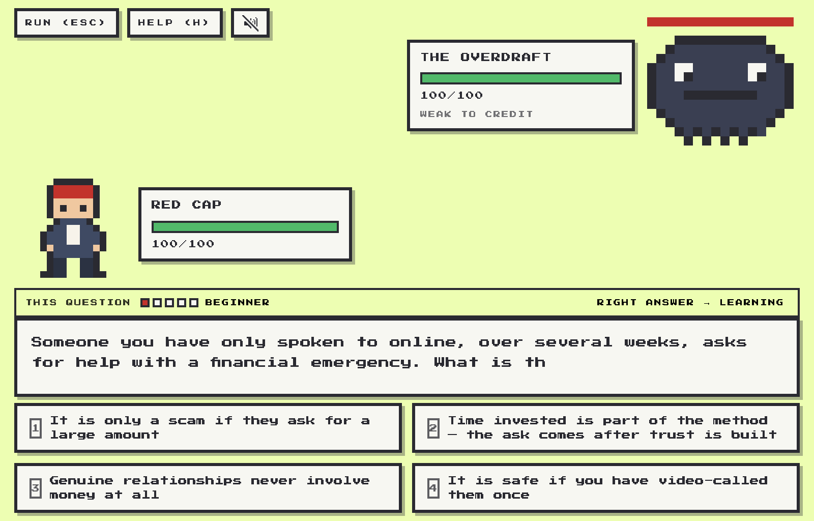 A battle prompt with four answer buttons and health bars for the player and the creature.