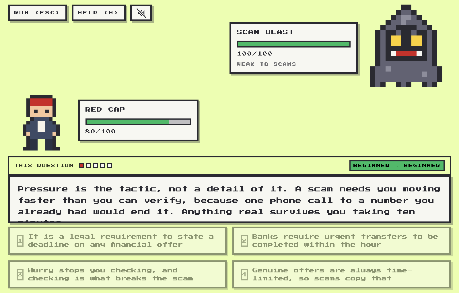 A battle in Moneywell Town: the player answered a scam question incorrectly, dropped to 80 HP, and is shown the explanation anyway.