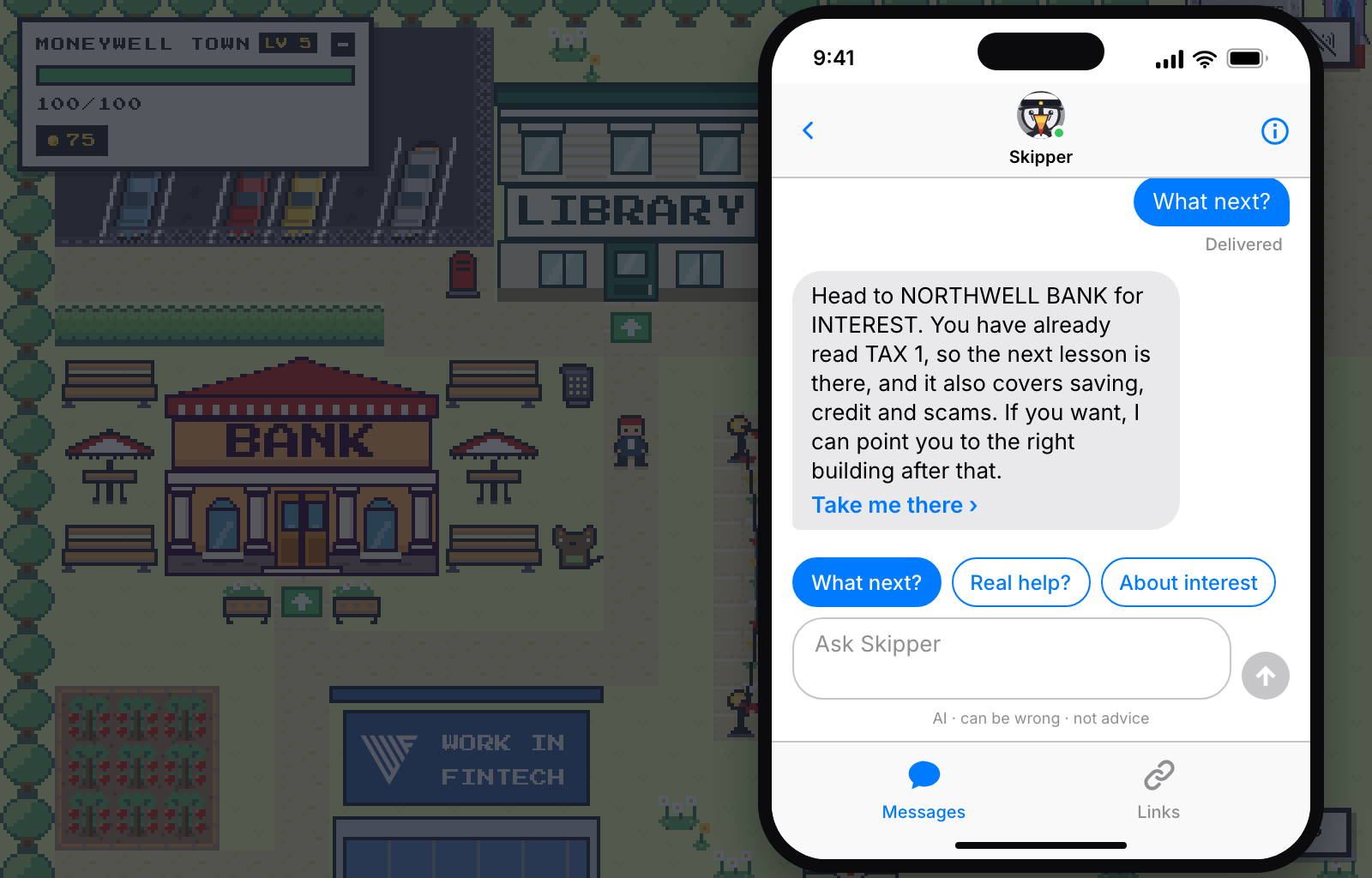 The in-game phone open over the town: Skipper, an AI puffin, answering WHAT NEXT? by naming the building that teaches the next lesson.